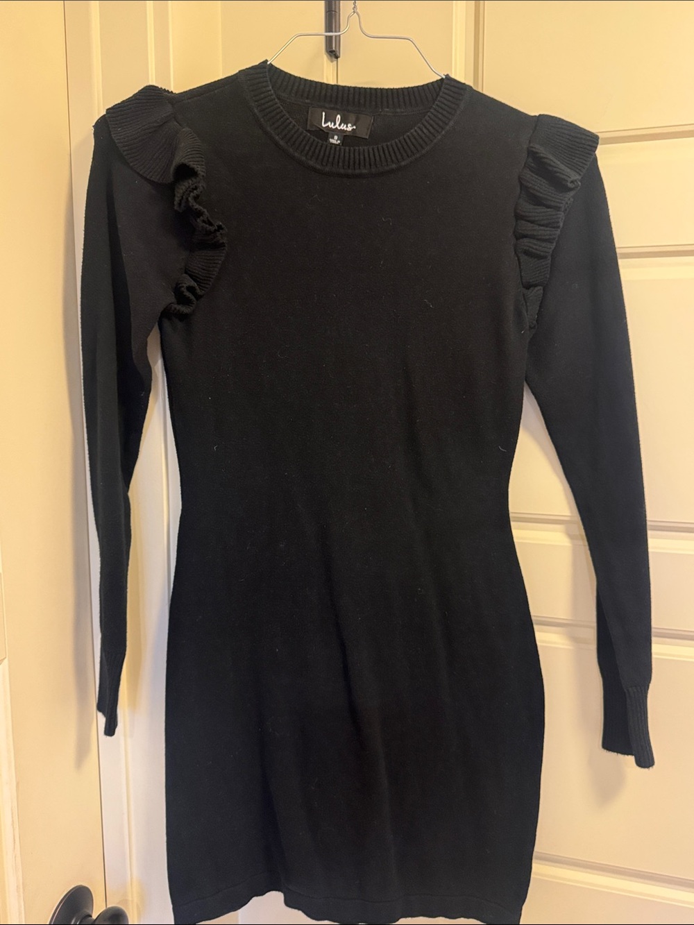 Lulu's Black Long-Sleeve Ruffle-Shoulder Knit Dress